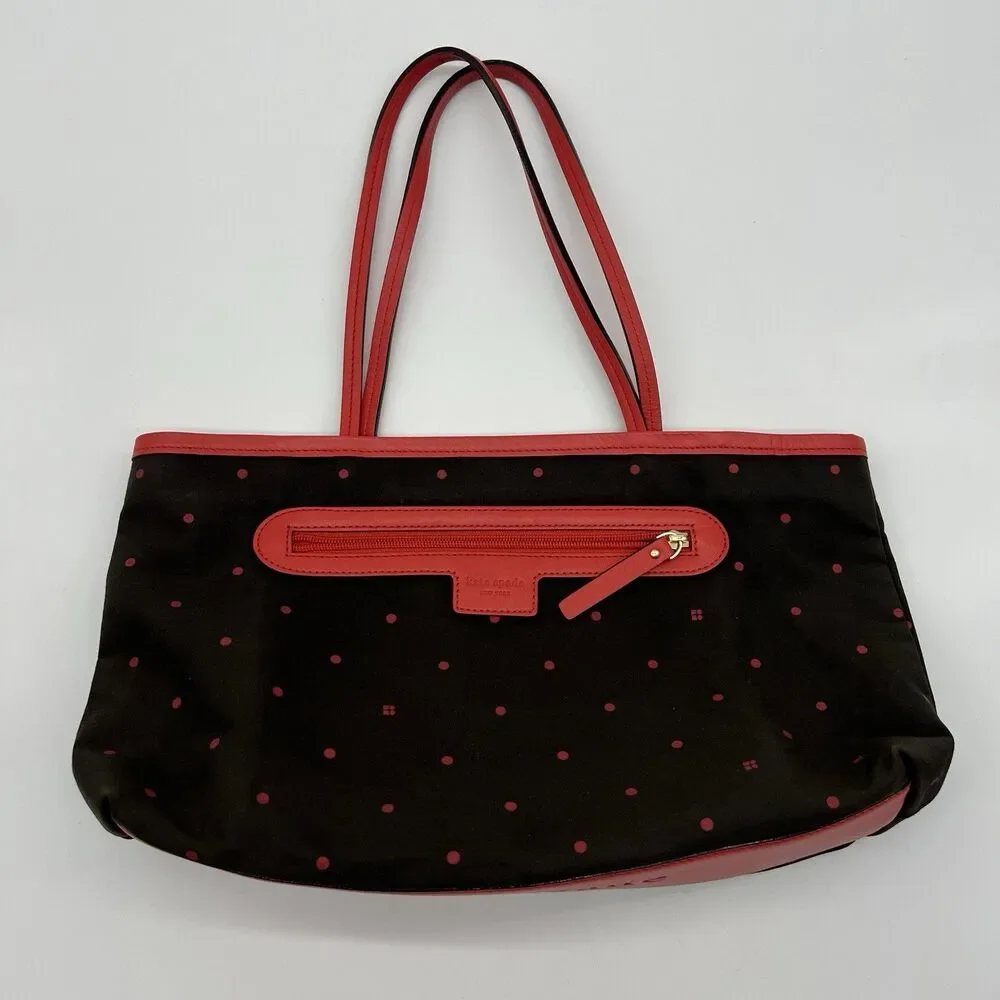 Kate Spade NY BROWN CANVAS PINK LEATHER TRIM TOTE SHOULDER BAG HANDBAG PURSE